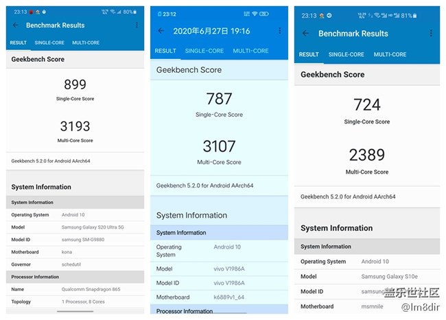 三星S20U/iQOO Z1/三星S10e，实机跑分看性能差距