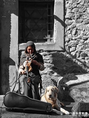 大理古城拉琴的姑娘与小猪